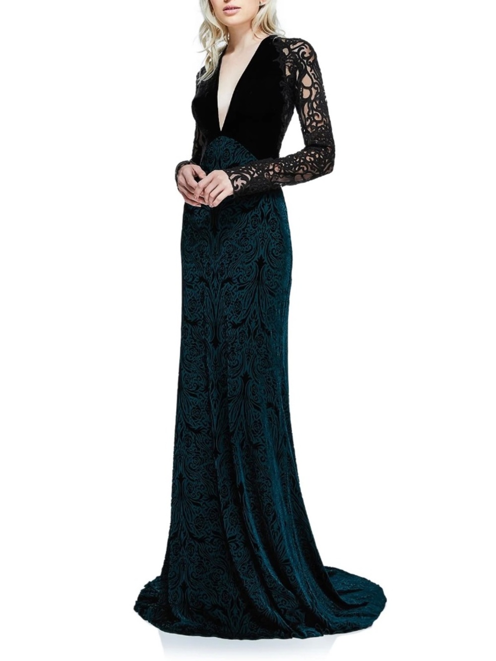 Tadashi Shoji Michel Velvet Lace V-Neck Illusion Maxi Black Green Dress Sz M